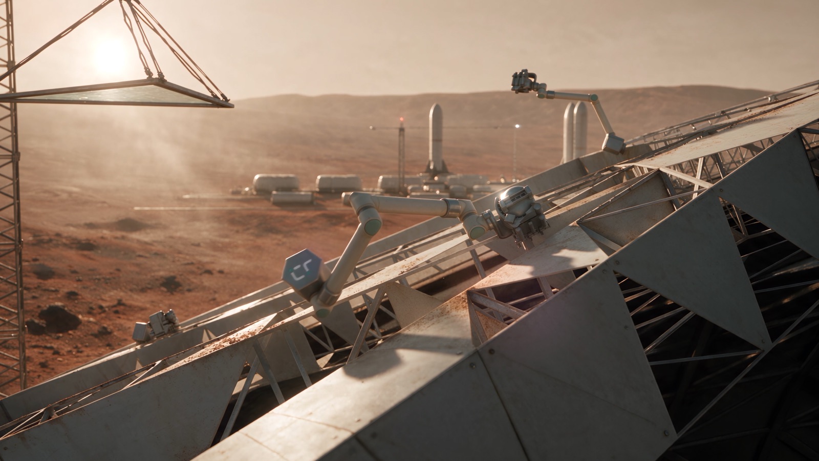 Autonomous robots assembling a dome structure on Mars, with habitats and Starships in the distance